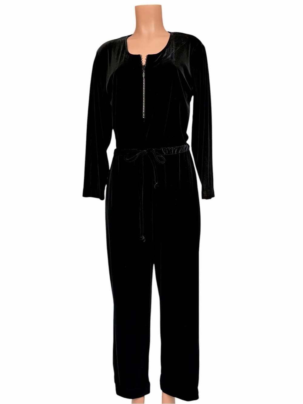 Vintage Black Velvet Jumpsuit, Medium, Newport News Easy Style Rhinestone Zip